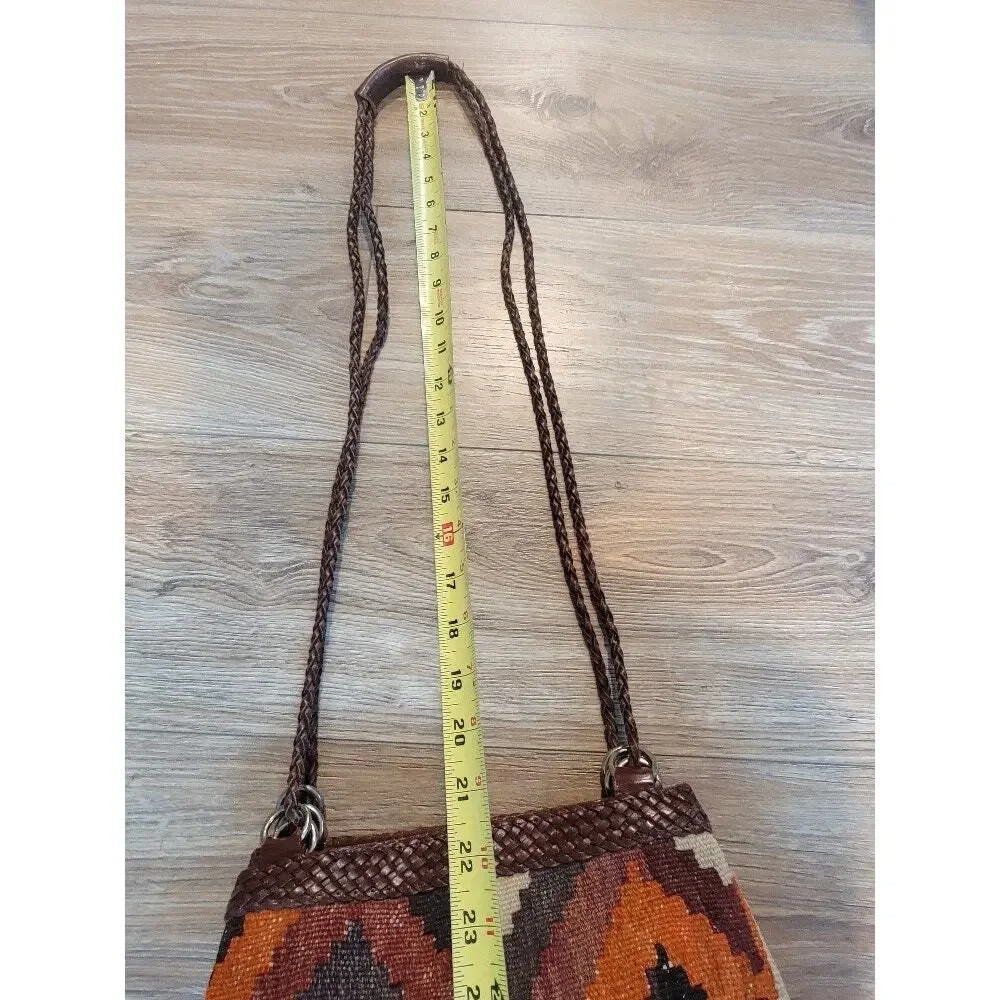 Vintage J Simone Crossbody Handbag 70s MCM Woven Kilim Double Strap Brown Orange